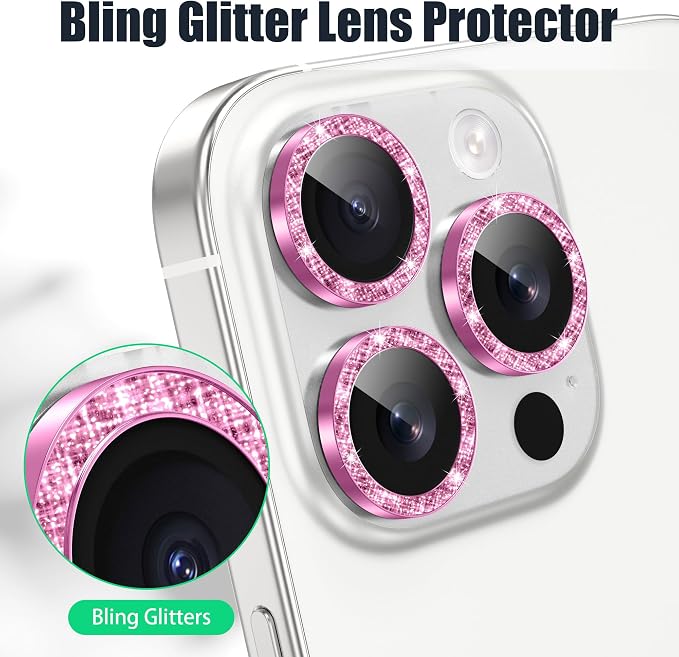 AGVEE 3+3 6 Pack for iPhone 16 Pro & Max Camera Lens Protector Cover | Individual Bling Diamond & Bling Glitter Sparkle Cute Gem Metal Ring, 9H Tempered HD Glass - Image 5