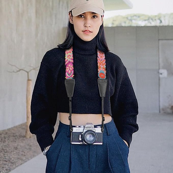 Padwa Lifestyle Colorful Knit Camera Strap - 2" Full Grain Leather Ends Camera Straps for Photographers, Vintage Embroidered Cotton Soft Suede Fabric Padded Strap Quick Release fits All Cameras - Image 5
