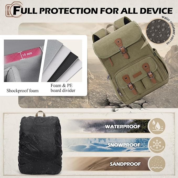 RAINSMORE Camera Backpack, DSLR SLR Mirrorless Camera Bag for Photographer | 15.6 Inch Vintage Canvas Camera Case with Laptop Compartment & Tripod Holder & Rain Cover for Sony Canon Nikon Fujifilm Green - Image 7