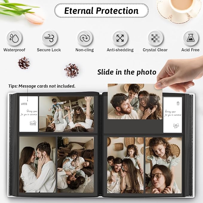 Popotop 4x6 Photo Album Holds 300 Pictures, Vegan Leather Hardcover | 300-Photos Capacity, Acid-Free PP Slip-In Pockets, Mixed-Orientation Layout, Front Photo Window, Gifts for Wedding Baby - Image 3