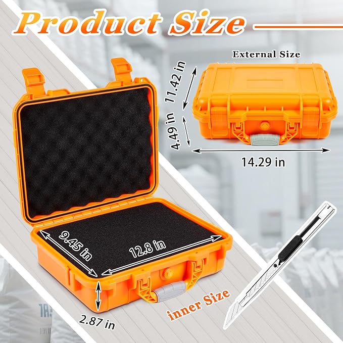 Relaxweex 1 Pcs Waterproof Hard Case with DIY Customizable Foam Insert Portable Protective Case with Knife for Camera Drones Equipments Tools Test Instruments(Orange,14.3 x 11.4 x 4.5 Inch) - Image 2