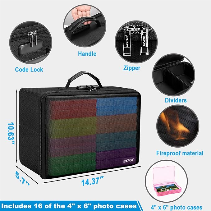 ENGPOW Fireproof Photo Storage Box with 16 Inner 4" x 6" Photo Cases(Multi-Colored), Photo Organizer with Lock, Collapsible Portable Photo Safe Containers with Handle for Photos, Picture, Craft - Image 4