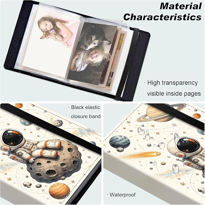 Small Photo Album 5x7, 60 Pockets Holds 120 Photos, Slip-in Pocket Photo Storage Book with Black Elastic Band for Family Wedding Baby Travel Pictures, Cute Astronaut Asteroid Space - Image 5