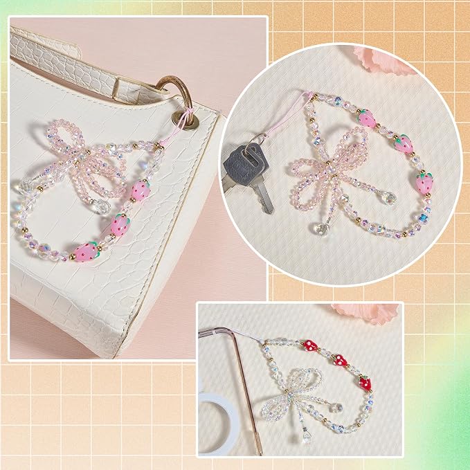 BEEFLYING Bow Beaded Phone Charm Wrist Strap for Case, Pink | Y2K Cell Phone Chain with Bowknot Strawberry, for Bag Keychain Camera Wallet - Image 7