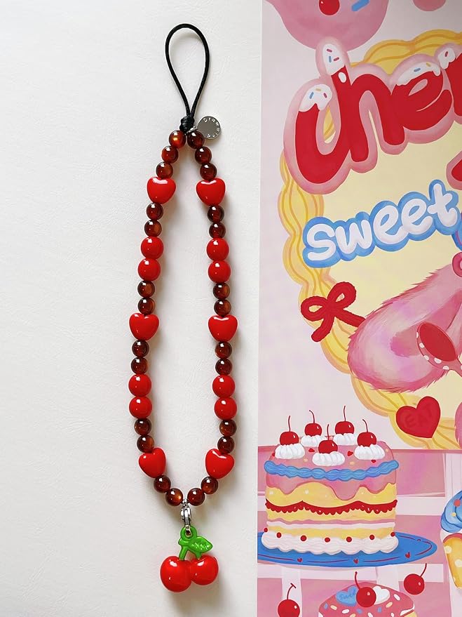 Drawwind Phone Charm Beaded Wristlet Strap Universal Cell Phone Lanyard Cute Bracelet Wrist Strap Beaded Chain String Handmade Accessories for Case Camera Bags (Sweet Cherries) - Image 3