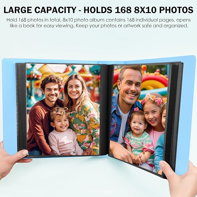 Aevdor 8x10 Photo Album, 168 Photos, Leather Cover, Blue | Large Capacity, Side-Loading Clear Pockets, Vertical 8x10 Layout, Black Inner Pages, Wedding, Travel, Baby & Family Memories - Image 4