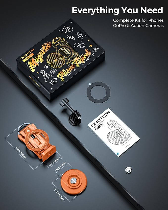 OMOTON TP02-Ultra Multi-Device Camera & Phone Mount with 1/4"Adapter Orange | Built-In 1/4" & Arca Base, Clamp, Magnetic & Tripod Setups for iPhone, Pocket/Action Cameras, Overhead & Low-Angle Filming - Image 9