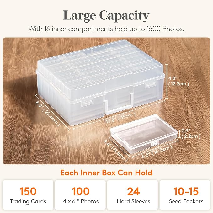 Lifewit 16 Pcs Photo Storage Box for 4"x 6" Pictures, Acid-Free, Clear | 1 Pcs Transport Outter Case with Handle& Labels, Container for Cards, Sticker, Seed, Scrapbooking, Craft, Classroom Supplies - Image 3
