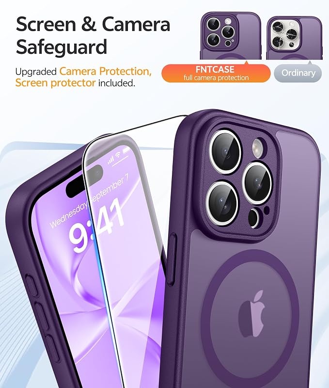 FNTCASE for iPhone 15 Pro Max Case, Fit for Magsafe, Glass Screen Protector | Full Camera Protection, Translucent Matte, 14FT Military Grade Drop Proof, Shockproof Protective Phone Cover, Purple - Image 4
