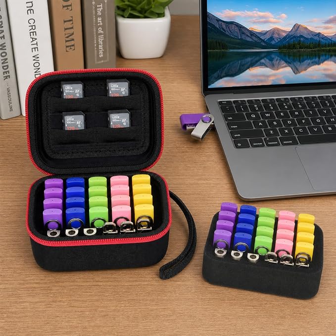 Comecase USB Flash Drive Case, Holds 26 USB Drives and 4 SD Cards | Pre-Cut Foam Fits Mixed USB Drives; EVA Shell, Holds 26 USB & 4 SD Cards, Black+Red Zipper, Small, Case Only - Image 9