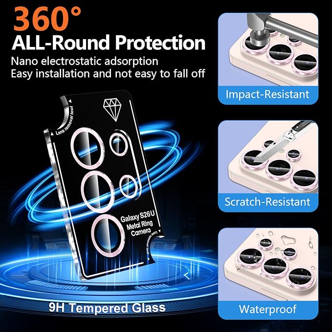 for Samsung Galaxy S26 Ultra Camera Lens Protector, Individual Metal Ring Tempered Glass Lens Cover, [Strong Adsorption] Scratch Resistant Ultra-Thin HD Clear Lens Cover, 1 Set-Pink - Image 2