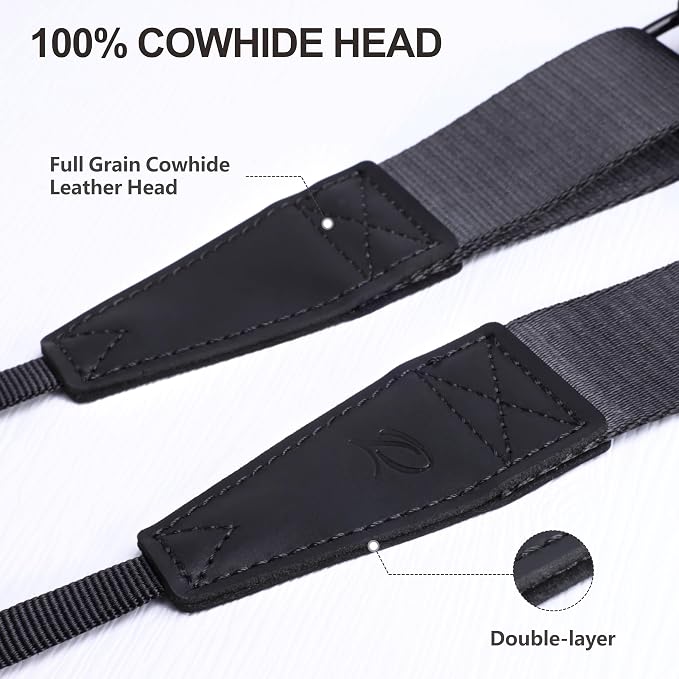 Padwa Lifestyle Black Adjustable Camera Strap - 1.5" Top Layer Cowhide Head Camera Straps for Photographers, Nylon Adjustable Neck Shoulder & Crossbody Strap Quick Release for All Cameras - Image 3