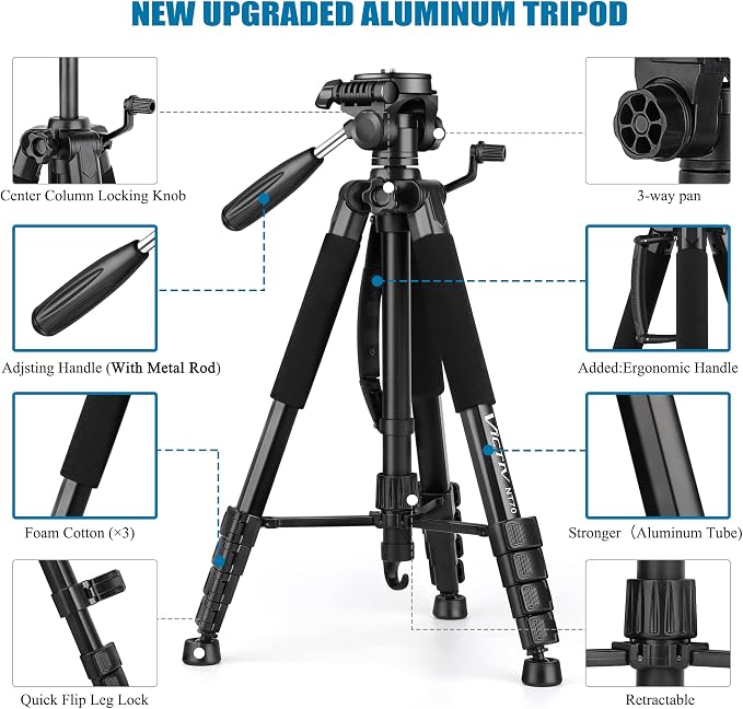 VICTIV 74” Camera Tripod, Tripod for Camera and Phone with Phone Holder | Aluminum Professional Tripod Stand for Canon Nikon with Carry Bag, Compatible with DSLR, iPhone, Spotting Scopes, Gopro - Image 6