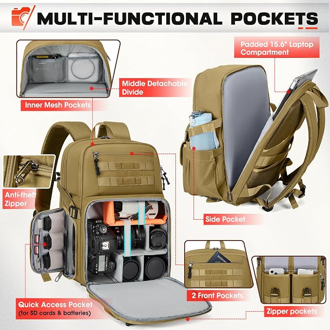RAINSMORE Camera Backpack, DSLR/SLR/Mirrorless Camera Bag for Photographers | 15.6 Inch, Waterproof Tactical Photography Backpack Case, with Rain Cover & Tripod Holder - Image 2