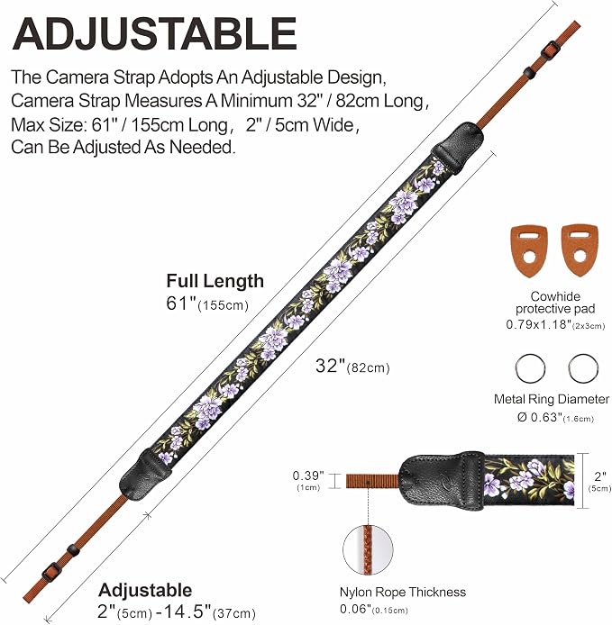 Padwa Lifestyle Purple Flower Camera Strap - 2" Double Layer Cowhide Head Camera Straps for Photographers，Adjustable Neck & Shoulder Vintage Jacquard Embroidery Flower Cotton Strap for all Cameras - Image 5
