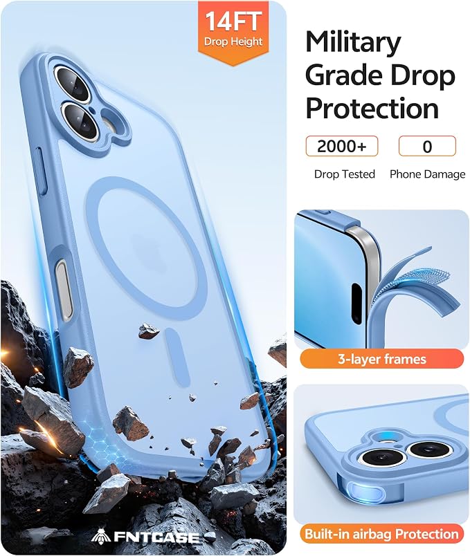 FNTCASE for iPhone 16 Case, Fit for Magsafe, Screen Protector, Light Blue | Full Camera Protection, Translucent Matte, 14FT Military Grade Drop Proof, Shockproof Protective Phone Cover - Image 5