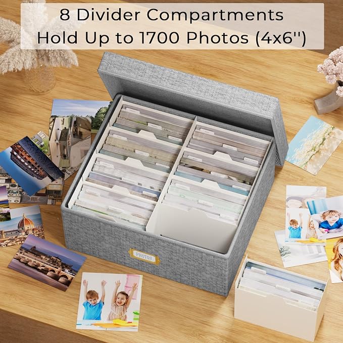 Decorative Photo Storage Box, 2 Pack Linen Photo Box Hold 1700 4x6 Pictures | Photo Storage Containers with 8 Dividers, Memory Keepsake Organizer for Photos, Scrapbook Supplies, Cards, Stamps, Grey - Image 2