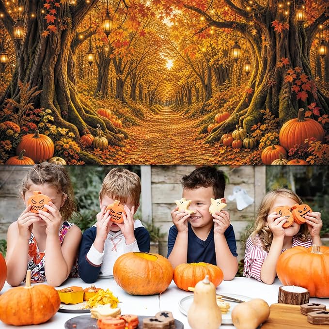 Fall Forest Photo Backdrop 20x10ft Autumn Garden Backdrop for Photography Fall Pumpkin Maple Wonderland Floral Background for Photoshoot Thanksgiving Birthday Photo Booth Props Vinyl - Image 4