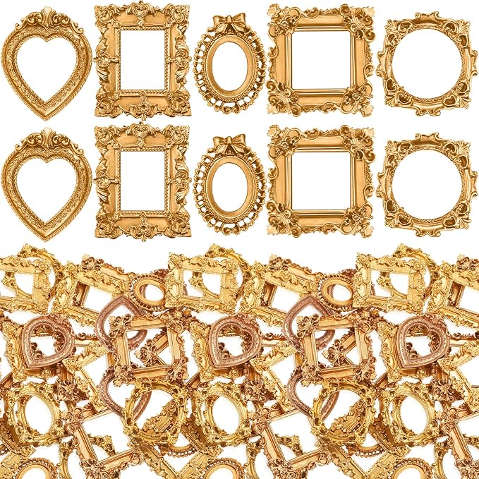 Vicenpal 200 Pcs Gold Mini Vintage Picture Frames Bulk | Small Vintage Photo Frames, Antique, Resin, Baroque, Ornate, Cute Wallet Size, for DIY Jewelry Gifts Christmas Wedding Decor by Vicenpal