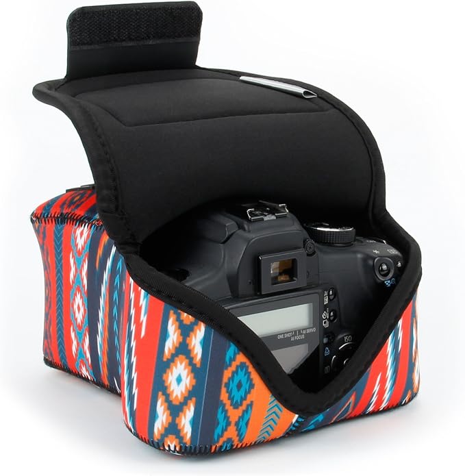 USA Gear Camera Sleeve (Medium) for Compact SLRs Compatible with Canon EOS R100 Nikon Z30 Sony ZV-E10, and more - Padded Neoprene DSLR Case with Zipper Accessory Pocket & Belt Loop (Southwest) by USAGEAR