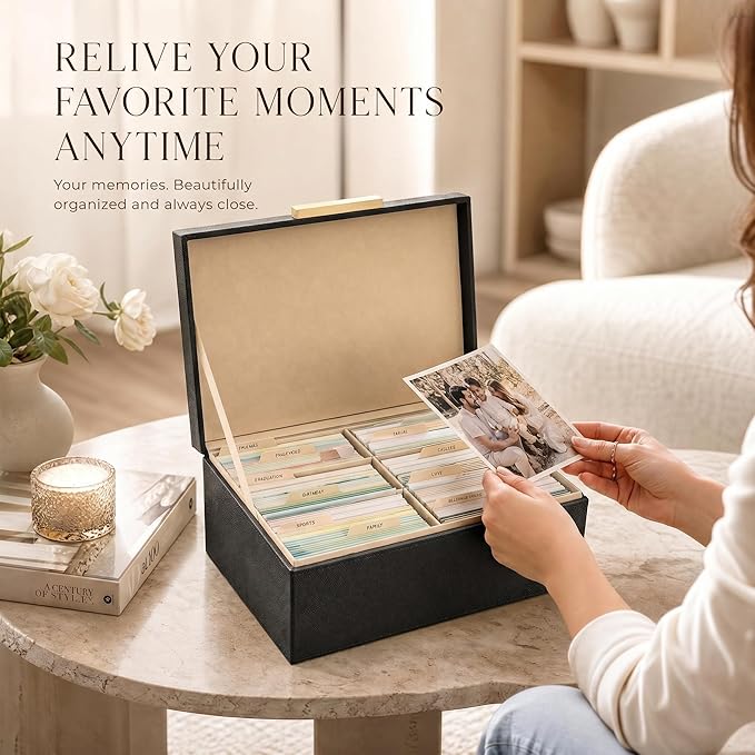 Decorative Photo Storage Box - PU Leather Organizer for 1200 4x6 Photos | Sturdy Scrapbook Storage Containers with Dividers and Lid - Portable Box Safely Stores Your Pictures - Image 5