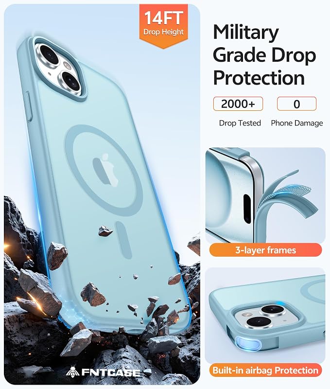 FNTCASE for iPhone 15/14/13 Case, Fit for Magsafe, Glass Screen Protector | Translucent Matte, Magnetic Phone Cases, 14FT Military Grade Drop Protection, Slim Shockproof Protective Cover, Teal - Image 5