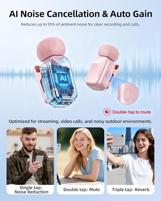 mini 2 Wireless Lavalier Microphones for iPhone 16/17 & Android, AI Noise Cancellation, App Control, 30H Battery with Charging Case, Lapel Microphone Wireless for Video Pink - Image 7