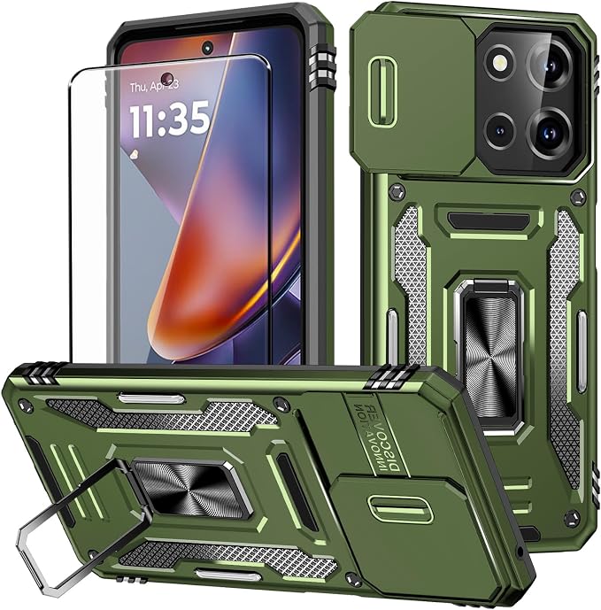 for Moto G 2025 Case with Screen Protector and with Camera Cover, 360°Military Grade Rotatable Kickstand (Heavy Duty) Shockproof Protective, Case for Moto G 2025 Army Green by Aozuoton