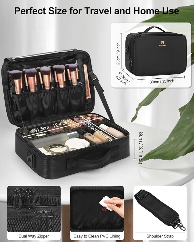 Relavel Makeup Bag Travel Train Case Cosmetic Organizer with Divider, Black | Large Storage Box with Adjustable Dividers and Brush Compartment for Cosmetics, Toiletries, Nail Polish, Jewelry, Electronic - Image 5