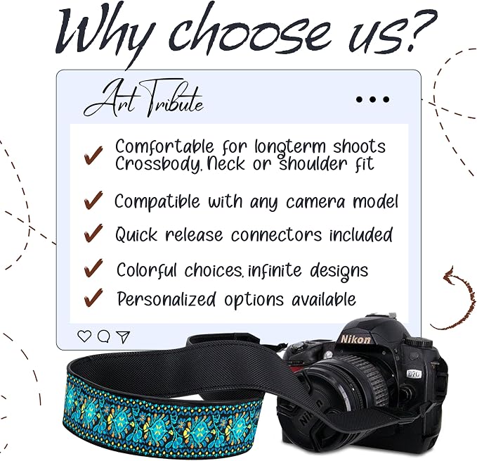 Art Tribute Camera Strap - Shoulder, Crossbody & Neck Camera Strap for Photographers, Fits All Cameras, Canon Nikon Sony Fujifilm, Padded Strap W/Quick Release, Embroidered Cotton & Leather Ends - Image 9