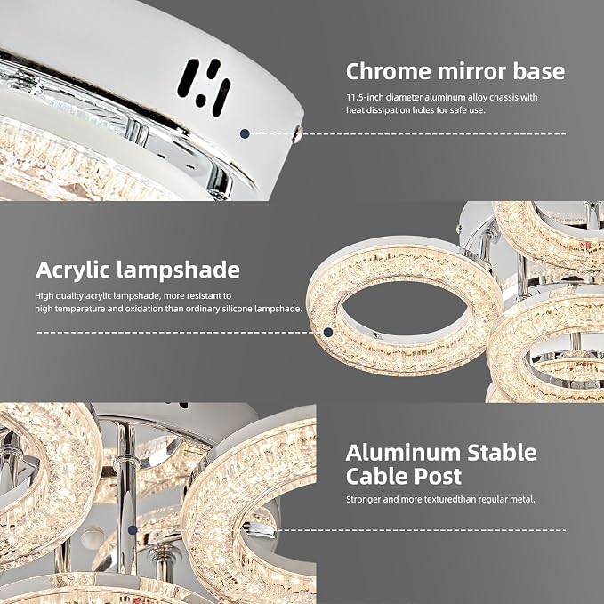Modern Ceiling Light, 5 Rings 16.9'' Dimmable LED 49W Flush Mount Ceiling Lights with Remote Acrylic Crystal Round Ceiling Light Fixture, Bedroom Living Room Dining Room, Chrome - Image 4