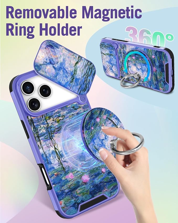 Buleens for iPhone 17 Pro Max Case 6.9 Inch - with Ring Stand & Camera Cover Aesthetic Cute Designed Women Girls Girly Kawaii Blue Water Lily Phone Case for iPhone 17 Pro Max Compatible with Magsafe - Image 5