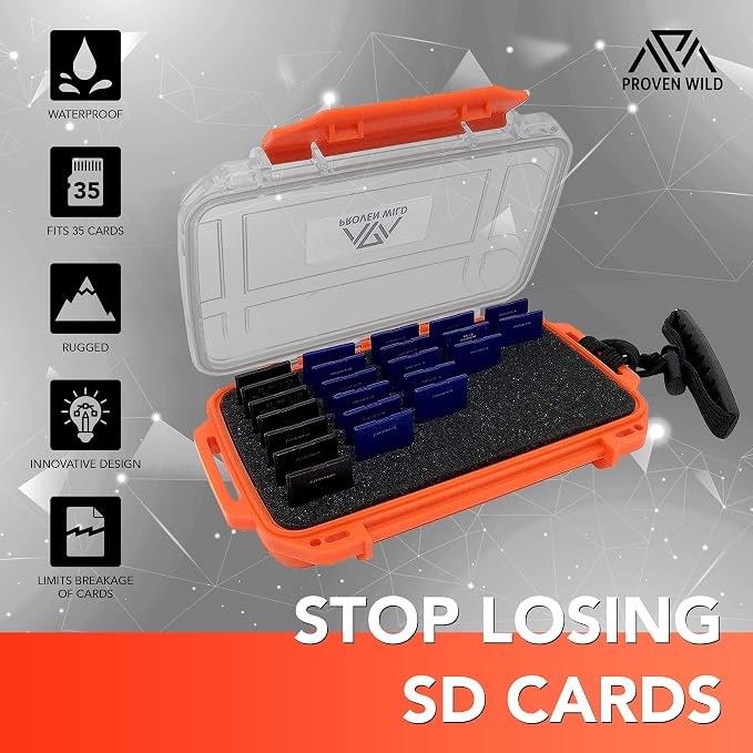 SD Card Holder by Proven Wild | Durable, Waterproof SD Card Case | SD Card Holder Case Holds 35 SD Cards Upright | Standard Memory Card Holder for DSLR & Trail Camera SD Cards, (Orange) - Image 3
