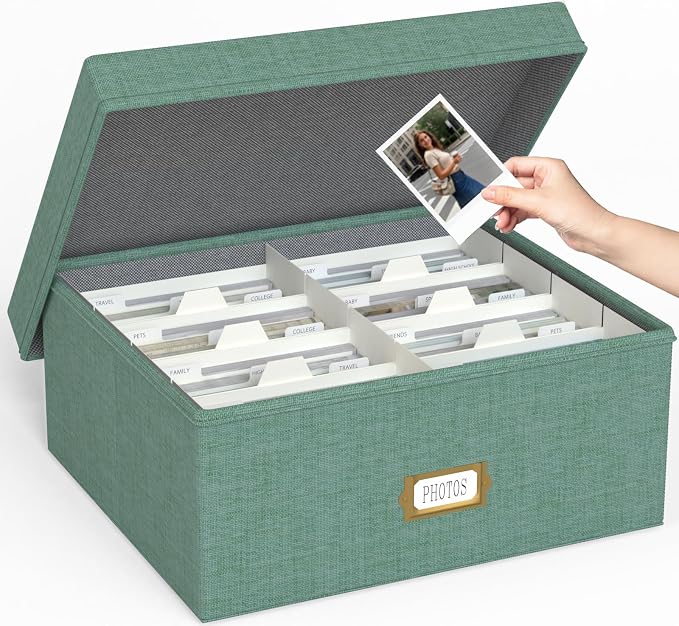 Decorative Photo Storage Box, Linen Photo Box Holds 1700 4x6 Pictures Green | Photo Storage Containers with 8 Dividers, Memory Keepsake Organizer for Photos, Scrapbook Supplies, Cards, Stamps,Archive Box by JOLENSOY