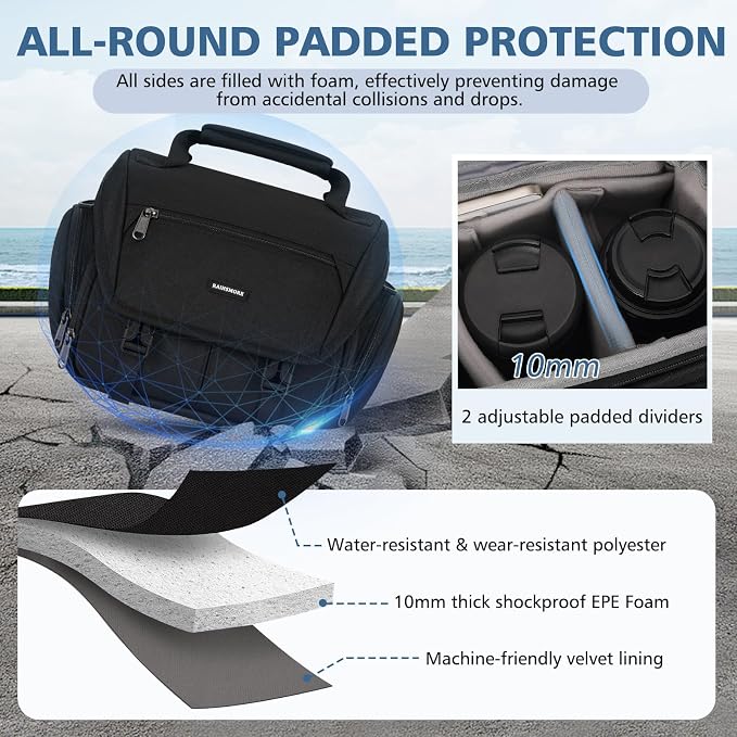 RAINSMORE Camera Bag, DSLR/SLR/Mirrorless Camera Sling Bag for Photographers Waterproof Small Camera Case with Tripod Holder & Rain Cover Camera Crossbody Bag for Canon/Nikon/Sony/Fuji, Black - Image 2