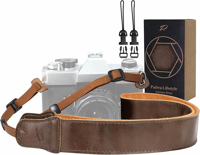 Padwa Lifestyle Green Brown Leather Camera Strap - 1.5" Soft Full Grain Cowhide Camera Straps for Photographers, Soft Suede Fabric Padded Leather Strap with Quick Release fits All Cameras by PadwaLifestyleCameraStrap