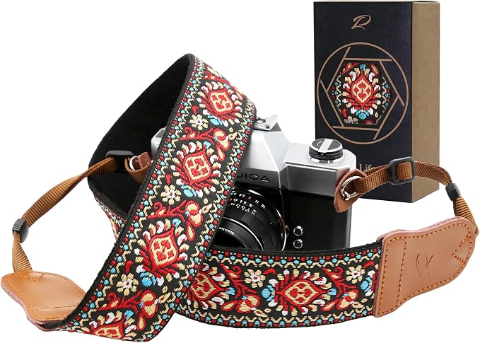 Padwa Lifestyle Red Vintage Embroidered Camera Strap - 2" Wide Cowhide Head Camera Straps,Pure Cotton Woven Adjustable Shoulder & Neck Strap for All DSLR Cameras,Great Gift for Men&Women Photographers by PadwaLifestyleCameraStrap