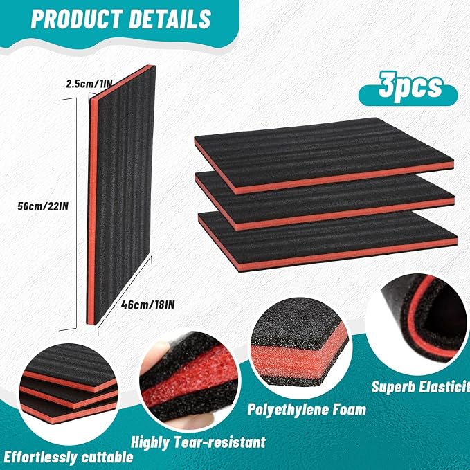 3 Pcs Tool Box Foam Sheet - 22'' x 18'' x 1'' Liner Polyethylene Storage Sheets Foam Padding Inserts for Packing Toolbox Hard Case Drawer Camera Shadow Organizer - Image 2