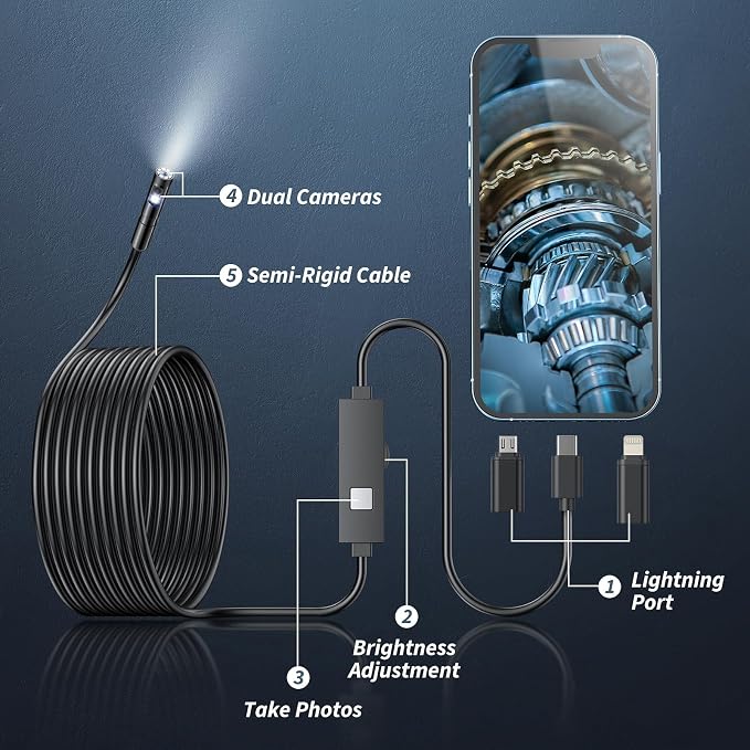 Endoscope Camera with Light,1920P HD Borescope Tools with 8 Adjustable LED Lights, Endoscope with Semi-Rigid Snake Camera, IP67 Waterproof Inspection Borescope for iOS and Android-16.4ft Dual-Lens - Image 2
