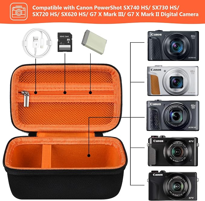 Carrying Case for Canon PowerShot SX740 HS, SX730 HS Camera, Orange | SX720 HS, SX620 HS, G7 X Mark III, G7 X Mark II Digital Camera, Storage Holder Travel Bag with Mesh Pocket for Battery Pack - Image 2