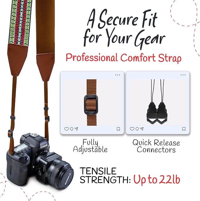 Art Tribute Camera Strap - Shoulder, Crossbody & Neck Camera Strap for Photographers, Fits All Cameras, Canon Nikon Sony Fujifilm, Padded Strap W/Quick Release, Embroidered Cotton & Leather Ends - Image 4