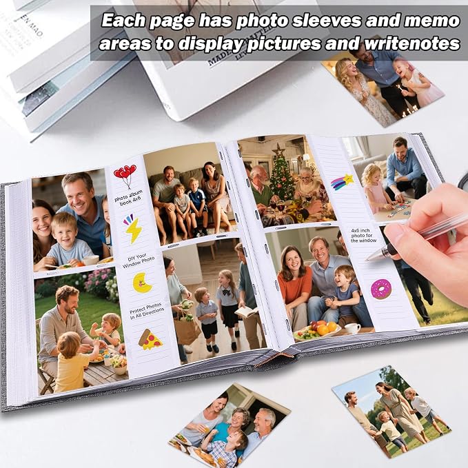 Photo Album 4x6 Vertical 600 Photos with Writing Space, Grey | Linen Cover, Acid-Free Pages, Clear PP Pockets, Memo Writing Space, Front Display Window, Family, Wedding & Travel Memories - Image 4