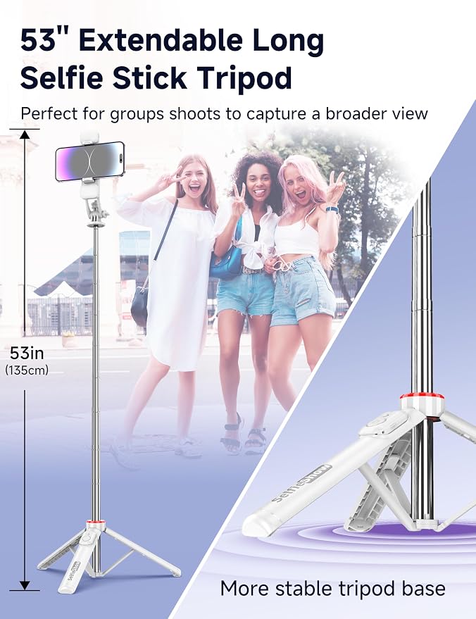 Selfie Stick Tripod with 2 Light, 3 Light Modes & 6 Brightness Levels Extendable Phone Tripod with Detachable Remote & Phone Holder, Portable Camera Tripod Compatible with iphone16 15 14 13/Android - Image 2