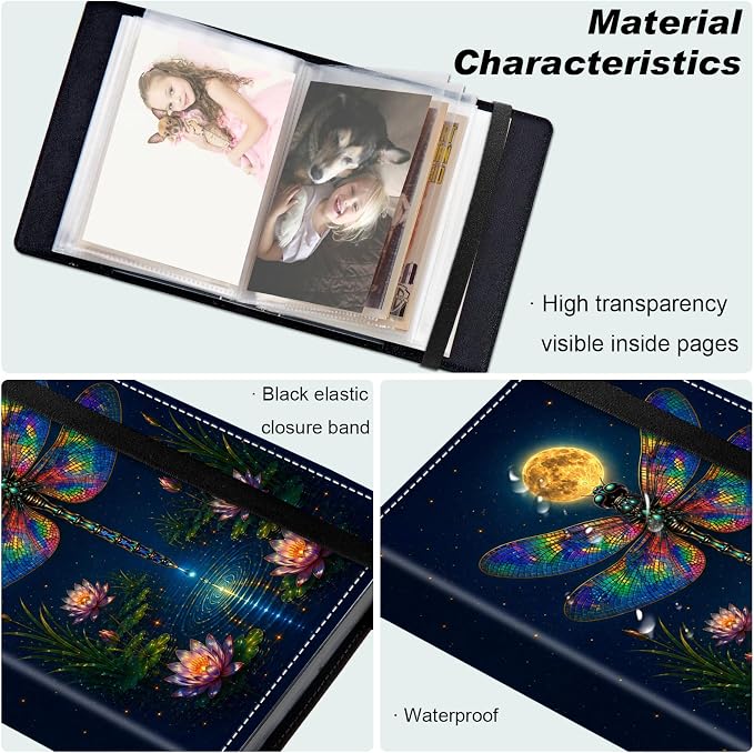 DEGDFSGR 5x7 Small Photo Album, 60 Pockets Holds 120 Photos | Slip-in pockets, black elastic band, portable for family, wedding, baby, travel photos, Lotus Ponds Tarry Skydragonfly - Image 5