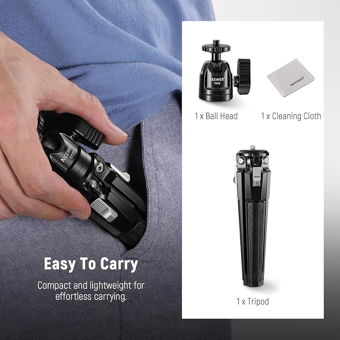 NEEWER Mini Desk Tripod, Metal Table Top Small Portable Travel Selfie Stick Stand with 360° Ball Head & 1/4" Screw for Camera Mobile Phone Holder Action Cam, Cleaning Cloth, Max Load 6.6 lbs, TP29 - Image 8