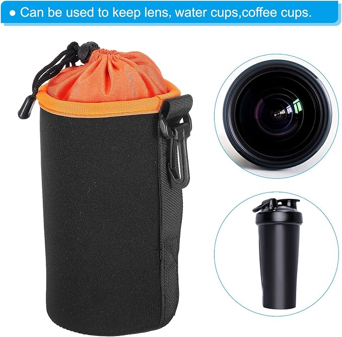 PATIKIL Camera Lens Bag, 2 Pcs 3.7" ID x 7.1" H Cylindrical Drawstring Lens Pouch with Thick Protective Neoprene, Lens Case for DSLR Camera Lens, Water Coffee Cups Black, Orange - Image 6