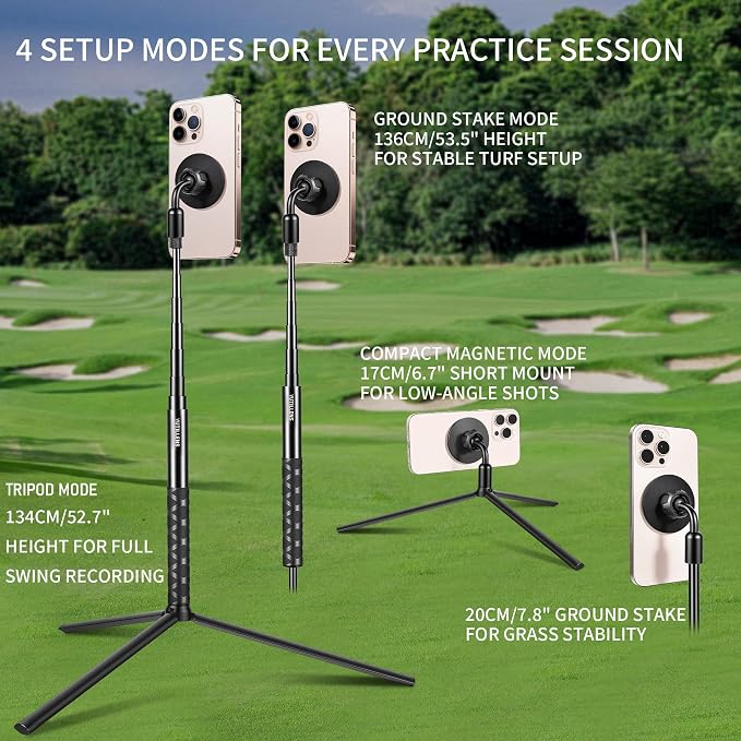 Golf Tripod Monopod, Magnetic Phone Stand for Swing Recording | 53.5" phone holder for iPhone/Android, with clamp, MagSafe/metal ring mount, 1/4"-20 screw, spike, tripod, carry bag - Image 5