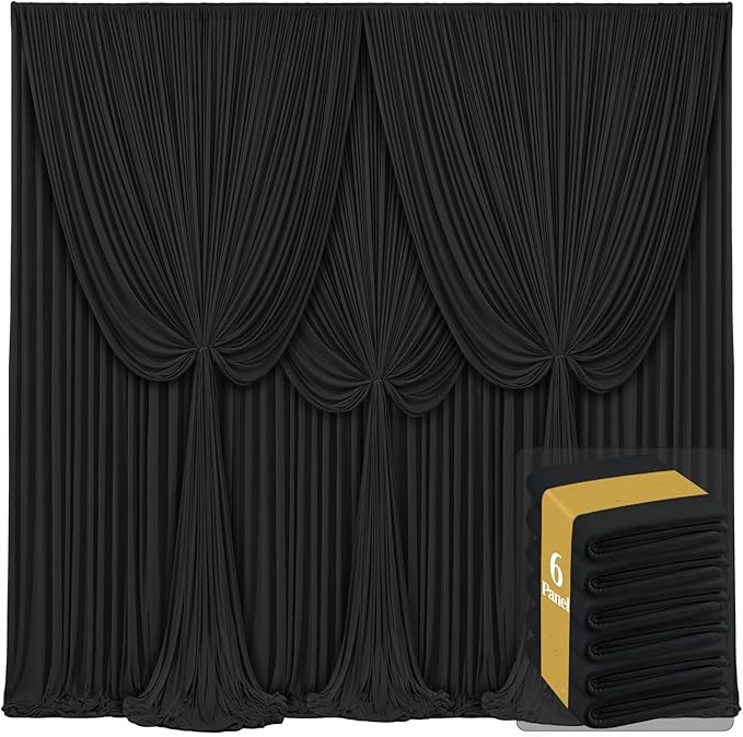 6 Panels Black Backdrop Curtains for Wedding Party Wrinkle Free Backdrops Curtain Drapes Fabric Decorations Photo Back Drop Cloth for Baby Shower Photography Stage Reception 30ft(W) x 12ft(H) by Tao-GePartyDecorations