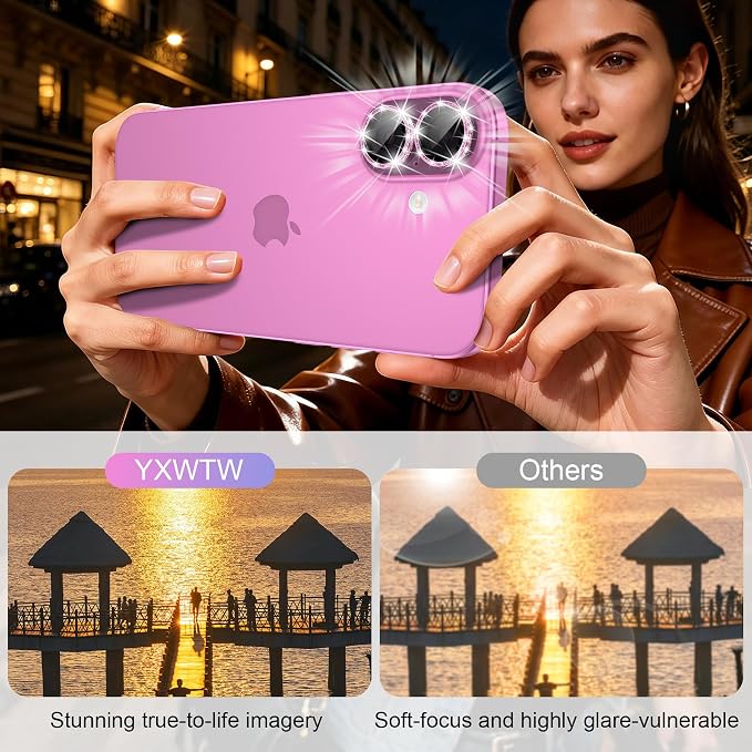 YWXTW [All-Over Glitter Camera Lens Protector for iPhone 17/iPhone 16/iPhone 16 Plus, 9H Tempered Glass Camera Lens Cover, Anti-Scratch Case Friendly(Pink) - Image 4
