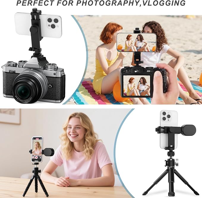 Universal Cell Phone Tripod Mount Adapter, Camera Hot Shoe Phone Holder Clamp with 360 Rotation Bracket 1/4" Screw Hole for Canon Nikon Sony DSLR iPhone Android - Image 6